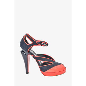 Pre-loved Chanel™ Red Patent/Navy Fabric Heels Size 36.5